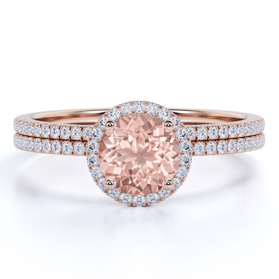 JeenMata Limited Time Sale 1.75 Carat Round cut created morganite and Moissanite Bridal Wedding Ring Set with Engagement Ring and Wedding Band in 18k Gold Over Silver