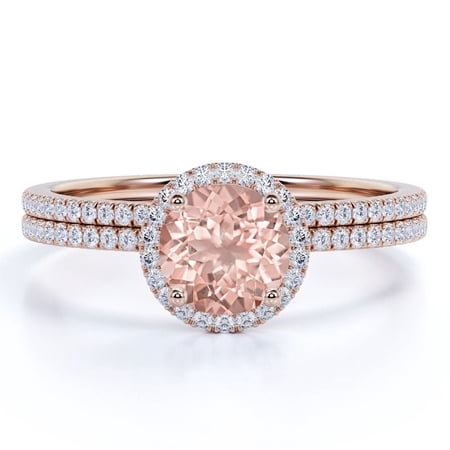 JeenMata 1.25 Carat Round cut created morganite and Moissanite Bridal Wedding Ring Set with Engagement Ring and Wedding Band in 18k Gold Over Silver