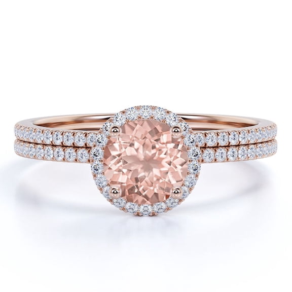 JeenMata 1.25 Carat Round cut created morganite and Moissanite Bridal Wedding Ring Set with Engagement Ring and Wedding Band in 18k Gold Over Silver