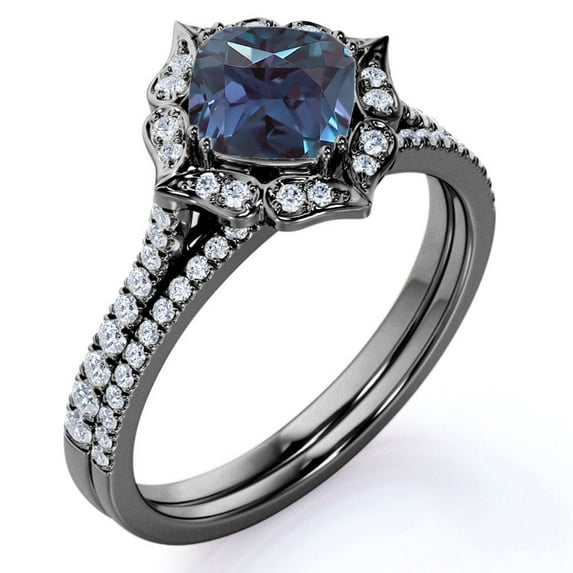 JeenMata Lotus 1.5 Carat Cushion Cut Lab Created Alexandrite and Moissanite Pave - Graduated Accent Wedding Ring Set in 18k Black Gold over Silver