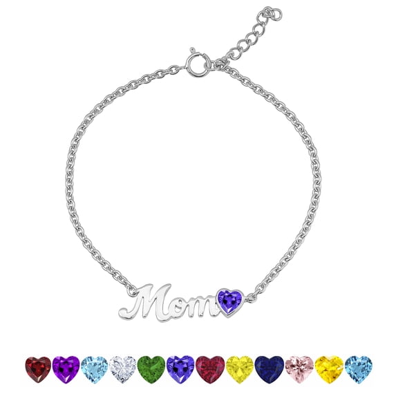 JeenMata MOM Heart Charm - June Alexandrite Birthstone Chain Bracelet in 18K White Gold Plating for Women, Mother’s Day Gift