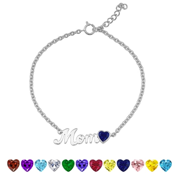 JeenMata MOM Heart Charm - September Royal Blue Sapphire Birthstone Chain Bracelet in 18K White Gold Plating for Women, Mother’s Day Gift