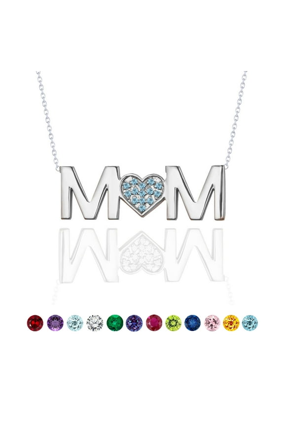MOM Pendant Necklace - Blue Topaz - December Birthstone in 18K White Gold over Sterling Silver