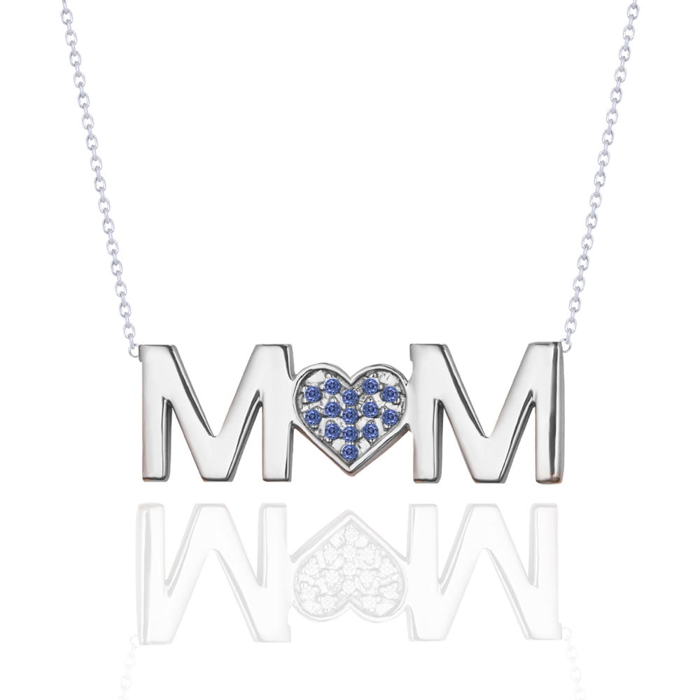 JeenMata 18K White Gold Sterling Silver MOM Pendant Necklace Dark Blue September Birthstone