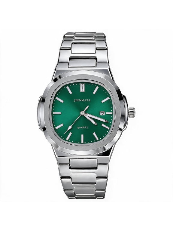 Men’s Stainless Steel Nautilus-Style Watch, Water-Resistant Sunray Green Dial with Date Window