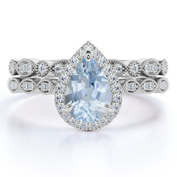 JeenMata Milgrain 1.5 Carat Pear Cut Created Aquamarine and Moissanite Wedding Ring Set in 18k White Gold over Silver