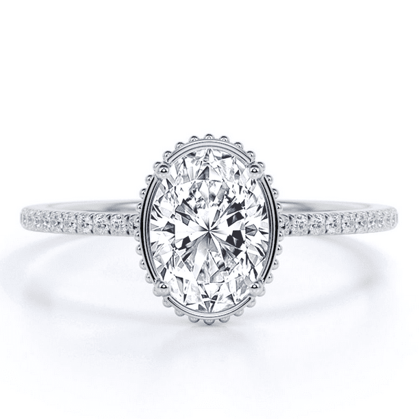 JeenMata Milgrain Bezel Prong 1.75 TCW Oval Cut Pave Style Engagement Ring in 18K White Gold Plating over Silver Walmart Business Supplies