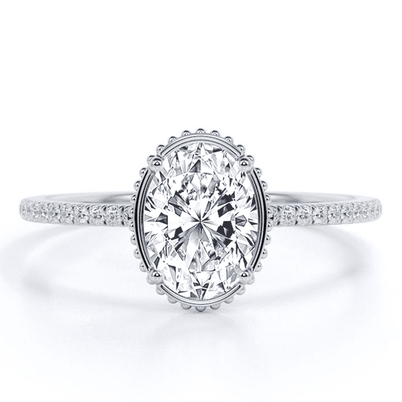 JeenMata Milgrain Bezel Prong 1.25 Carat Oval Cut Pave Style Engagement Ring in 18K White Gold Plating over Silver