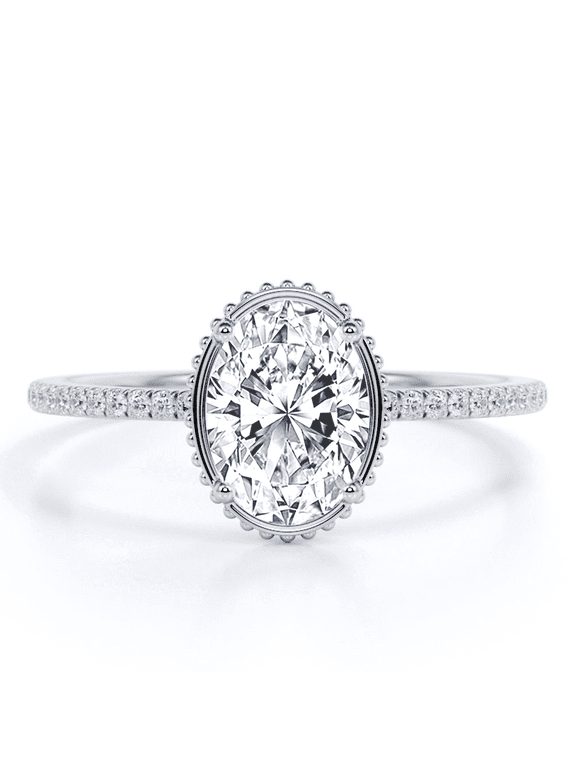 Milgrain Bezel Prong 1.25 Carat Oval Cut Pave Style Engagement Ring in 18K White Gold Plating over Silver