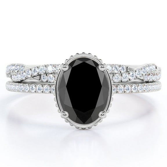 JeenMata Milgrain Bezel Set - 1.5 Carat Ovate Lab Grown Black Diamond and Moissanite - Twisted Infinity Pave Wedding Set - 18K White Gold Plating over Silver