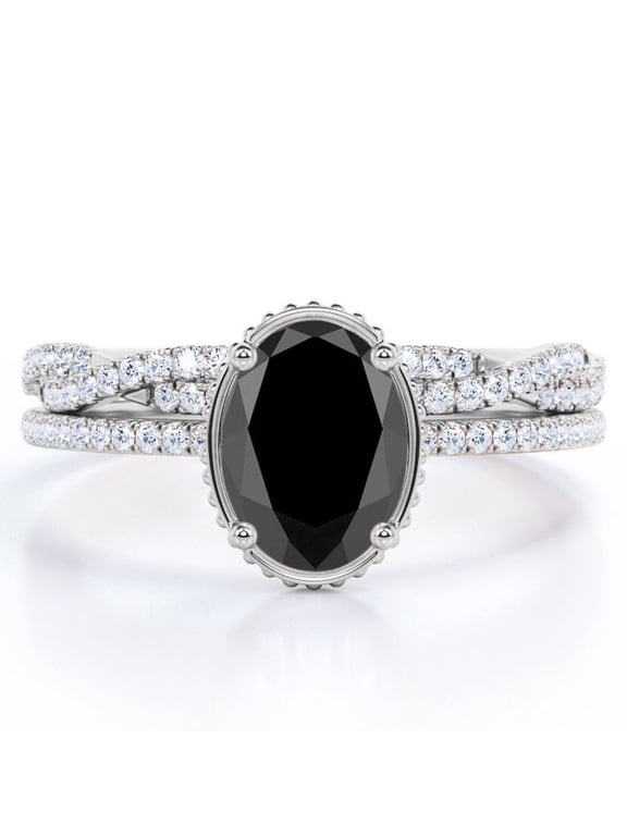 Milgrain Bezel Set - 1.5 Carat Ovate Lab Grown Black Diamond and Moissanite - Twisted Infinity Pave Wedding Set - 18K White Gold Plating over Silver