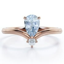 JeenMata Milgrain Border - 1 Carat Pear Cut Deep Blue Created Aquamarine and Moissanite - V Shaped Double Stone Engagement Ring - 18K Rose Gold Plating over Silver