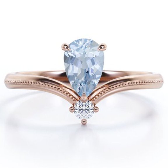 JeenMata Milgrain Border - 1 Carat Pear Cut Deep Blue Created Aquamarine and Moissanite - V Shaped Double Stone Engagement Ring - 18K Rose Gold Plating over Silver