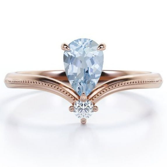 JeenMata Milgrain Border - 1 Carat Pear Cut Deep Blue Created Aquamarine and Moissanite - V Shaped Double Stone Engagement Ring - 18K Rose Gold Plating over Silver
