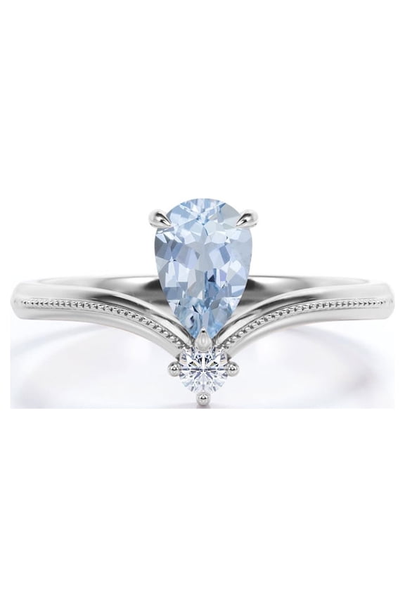 Milgrain Border - 1 Carat Pear Cut Deep Blue Created Aquamarine and Moissanite - V Shaped Double Stone Engagement Ring - 18K White Gold Plating over Silver