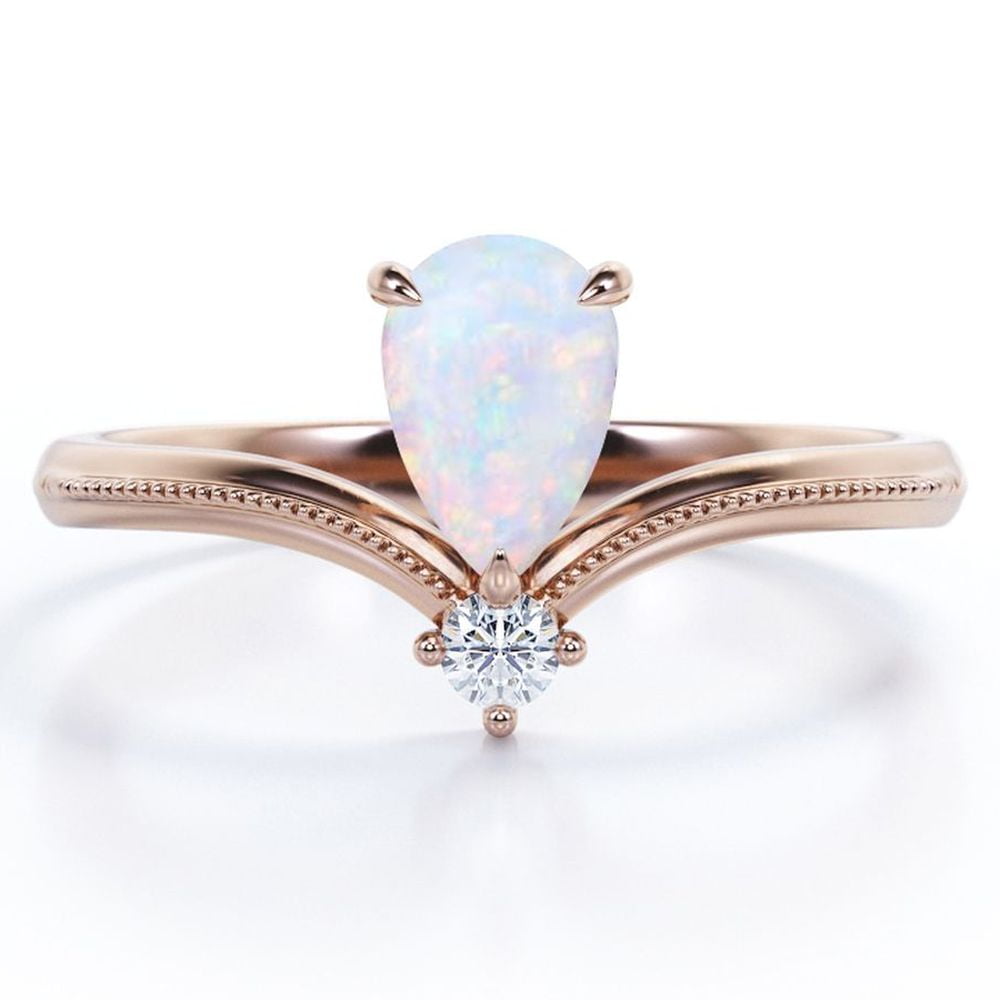 JeenMata Milgrain Border - 1 Carat Pear Cut Genuine Opal and Moissanite - V Shaped Double Stone Engagement Ring - 18K Rose Gold Plating over Silver