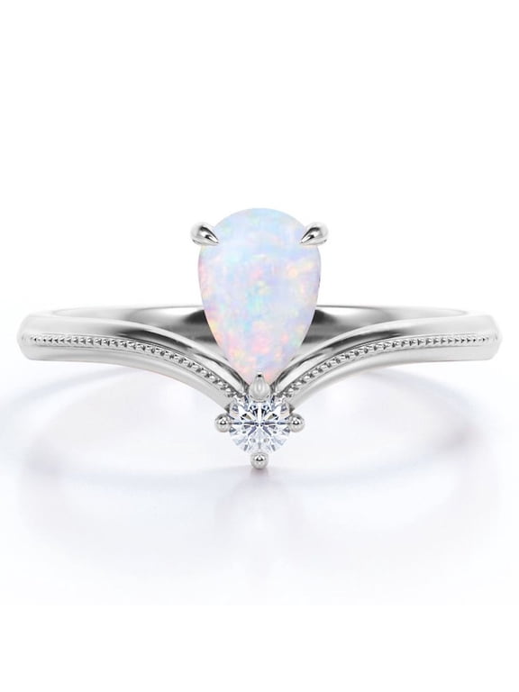 Milgrain Border - 1 Carat Pear Cut Genuine Opal and Moissanite - V Shaped Double Stone Engagement Ring - 18K White Gold Plating over Silver