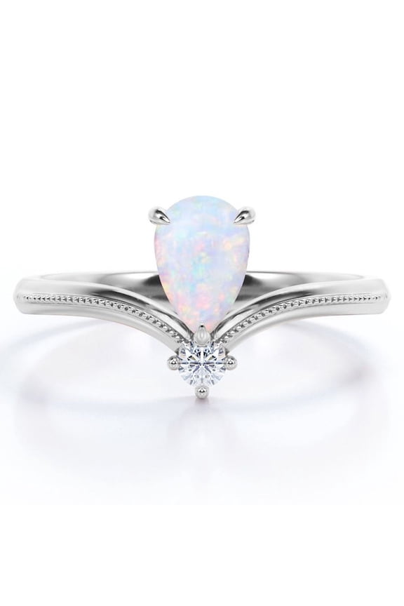 Milgrain Border - 1 Carat Pear Cut Genuine Opal and Moissanite - V Shaped Double Stone Engagement Ring - 18K White Gold Plating over Silver