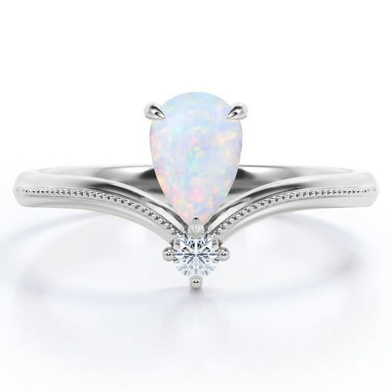 JeenMata Milgrain Border - 1 Carat Pear Cut Genuine Opal and Moissanite - V Shaped Double Stone Engagement Ring - 18K White Gold Plating over Silver