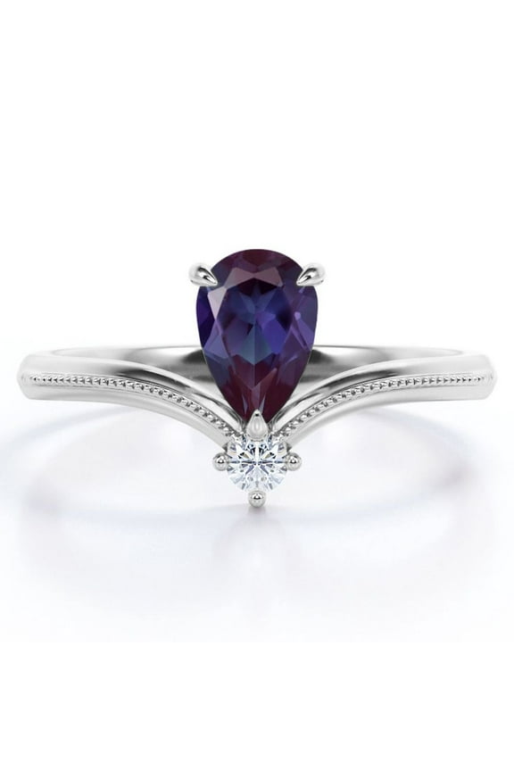 Milgrain Border - 1 Carat Pear Cut Lab Grown Alexandrite and Moissanite - V Shaped Double Stone Engagement Ring - 18K White Gold Plating over Silver
