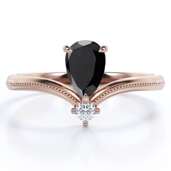 JeenMata Milgrain Border - 1 Carat Pear Cut Lab Grown Black Diamond and Moissanite - V Shaped Double Stone Engagement Ring - 18K Rose Gold Plating over Silver