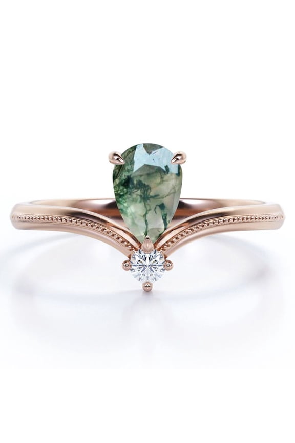 Milgrain Border - 1 Carat Pear Cut Milky White Moss Green Agate and Moissanite - V Shaped Double Stone Engagement Ring - 18K Rose Gold Plating over Silver