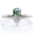 thumbnail image 1 of JeenMata Milgrain Border - 1 Carat Pear Cut Milky White Moss Green Agate and Moissanite - V Shaped Double Stone Engagement Ring - 18K White Gold Plating over Silver, 1 of 7