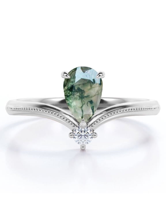 Milgrain Border - 1 Carat Pear Cut Milky White Moss Green Agate and Moissanite - V Shaped Double Stone Engagement Ring - 18K White Gold Plating over Silver