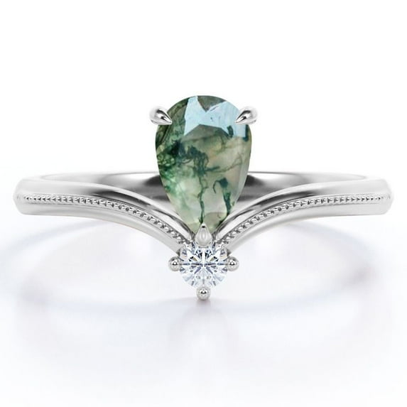 JeenMata Milgrain Border - 1 Carat Pear Cut Milky White Moss Green Agate and Moissanite - V Shaped Double Stone Engagement Ring - 18K White Gold Plating over Silver