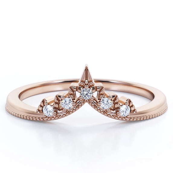 JeenMata Milgrain Bordered 0.10 TCW Round Cut Moissanite Crown Design Wedding Band in 18K Rose Gold Plating over Silver