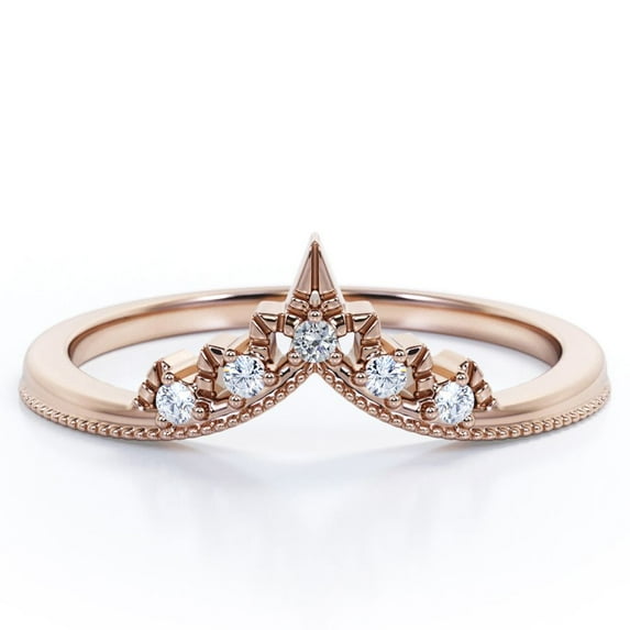 JeenMata Milgrain Bordered 0.10 TCW Round Cut Moissanite Crown Design Wedding Band in 18K Rose Gold Plating over Silver