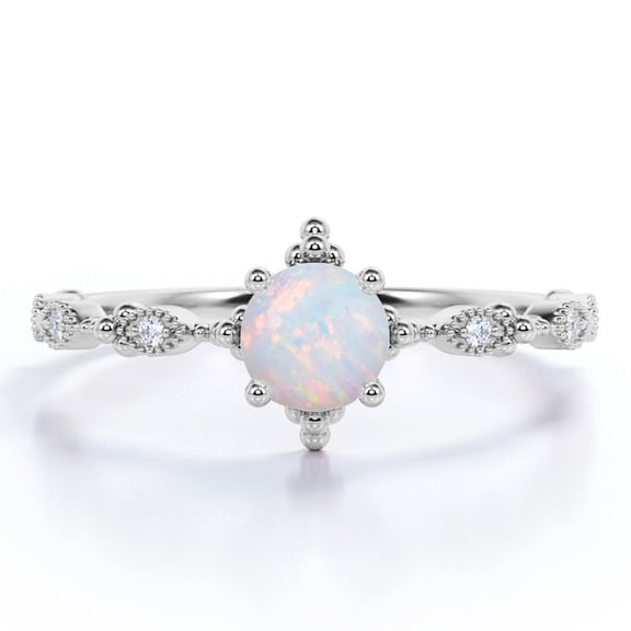 JeenMata Milgrain Decorative 1.10 Carat Round Cut Natural Rainbow Opal and Moissanite Four-Prong Filigree Engagement Ring in 18K White Gold Plating over Silver