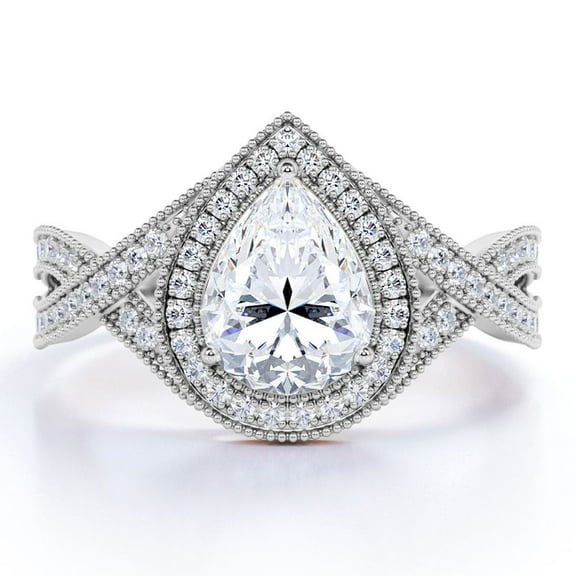 JeenMata Milgrain Decorative - 1.25 Carat Teardrop Moissanite - Pave Crossover - Halo Engagement Ring - 18K White Gold Plating for Women