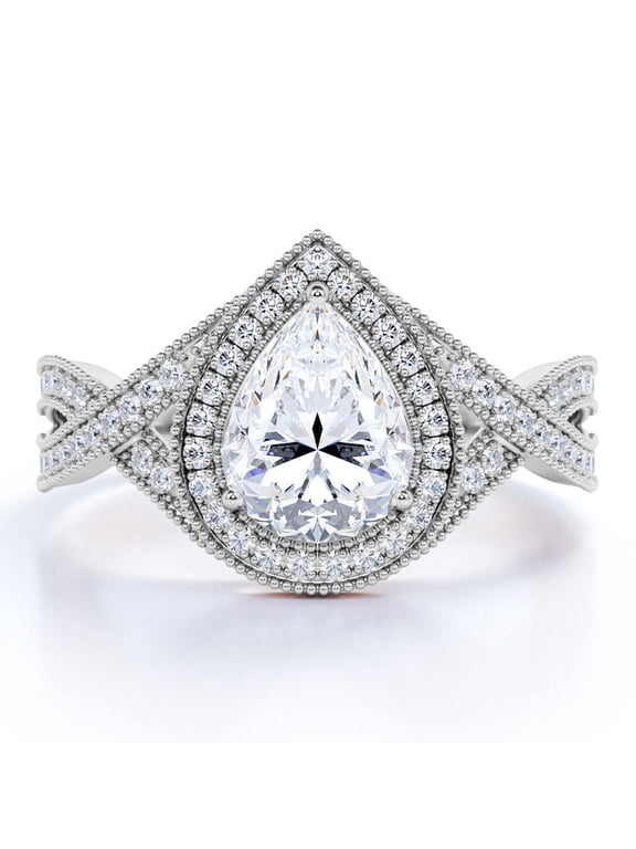Milgrain Decorative - 1.25 Carat Teardrop Moissanite - Pave Crossover - Halo Engagement Ring - 18K White Gold Plating for Women