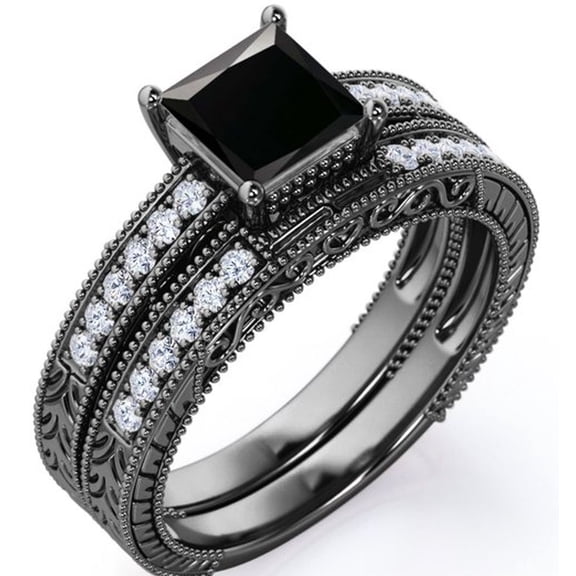 JeenMata Milgrain Edge Design 1.5 Carat Princess Cut Lab Grown Black Diamond and Moissanite 4-Prong Pave Edwardian Bridal Set in 18K Black Gold Plating over Silver