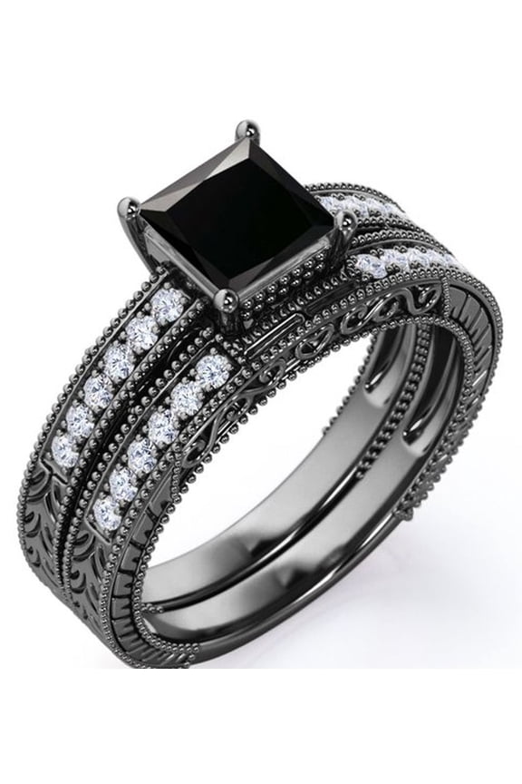 Milgrain Edge Design 1.5 Carat Princess Cut Lab Grown Black Diamond and Moissanite 4-Prong Pave Edwardian Bridal Set in 18K Black Gold Plating over Silver