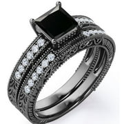JeenMata Milgrain Edge Design 1.5 Carat Princess Cut Lab Grown Black Diamond and Moissanite 4-Prong Pave Edwardian Bridal Set in 18K Black Gold Plating over Silver