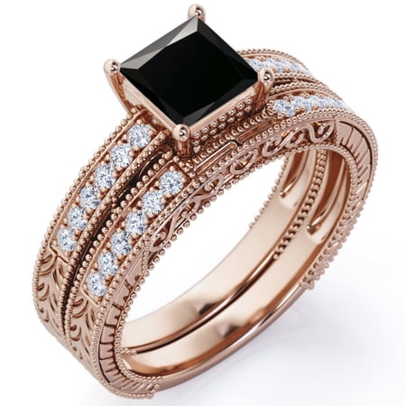 JeenMata Milgrain Edge Design 1.5 Carat Princess Cut Lab Grown Black Diamond and Moissanite 4-Prong Pave Edwardian Bridal Set in 18K Rose Gold Plating over Silver