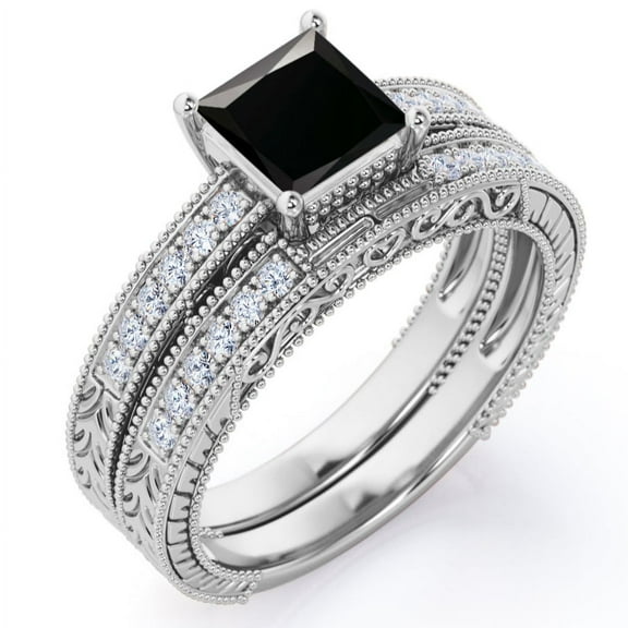 JeenMata Milgrain Edge Design 1.5 Carat Princess Cut Lab Grown Black Diamond and Moissanite 4-Prong Pave Edwardian Bridal Set in 18K White Gold Plating over Silver