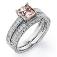 thumbnail image 1 of JeenMata Milgrain Edge Design 1.5 Carat Princess Cut Pinky Peach created morganite and Moissanite 4-Prong Pave Edwardian Bridal Set in 18K White Gold Plating over Silver, 1 of 6