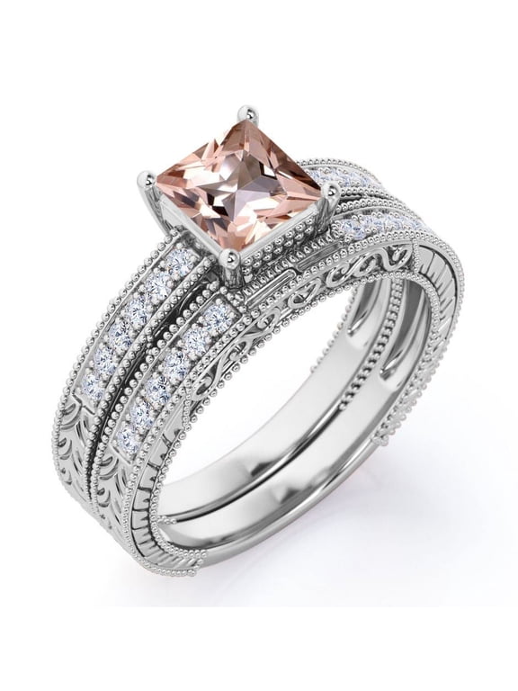 Milgrain Edge Design 1.5 Carat Princess Cut Pinky Peach created morganite and Moissanite 4-Prong Pave Edwardian Bridal Set in 18K White Gold Plating over Silver