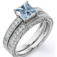 thumbnail image 1 of JeenMata Milgrain Edge Design 1.75 Carat Princess Cut Deep Blue Created Aquamarine and Moissanite 4-Prong Pave Edwardian Bridal Set in 18K White Gold Plating over Silver, 1 of 6