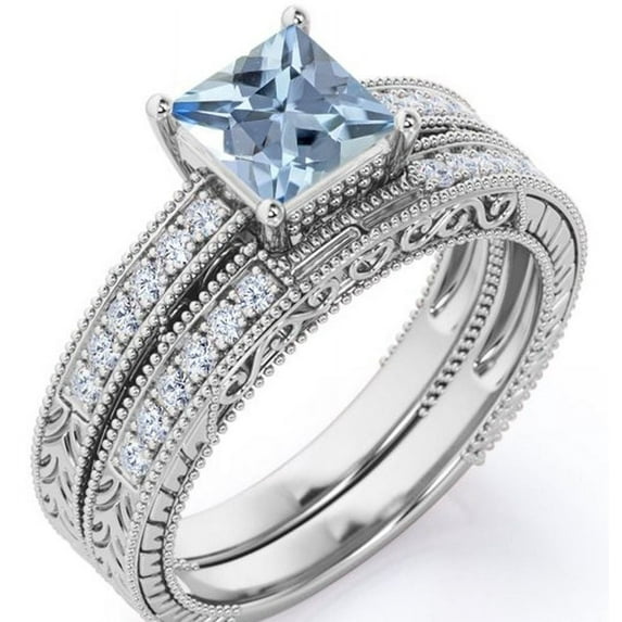 JeenMata Milgrain Edge Design 1.75 Carat Princess Cut Deep Blue Created Aquamarine and Moissanite 4-Prong Pave Edwardian Bridal Set in 18K White Gold Plating over Silver