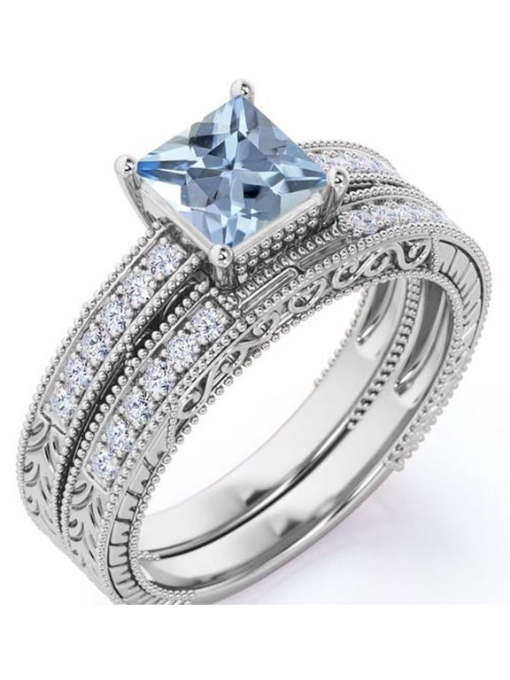 Milgrain Edge Design 1.75 Carat Princess Cut Deep Blue Created Aquamarine and Moissanite 4-Prong Pave Edwardian Bridal Set in 18K White Gold Plating over Silver