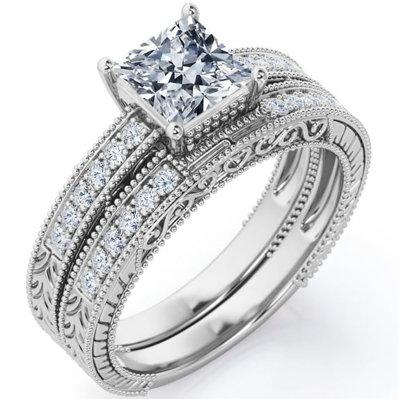 JeenMata Milgrain Edge Design 1.75 Carat Princess Cut Moissanite 4-Prong Pave Edwardian Bridal Set in 18K White Gold Plating over Silver
