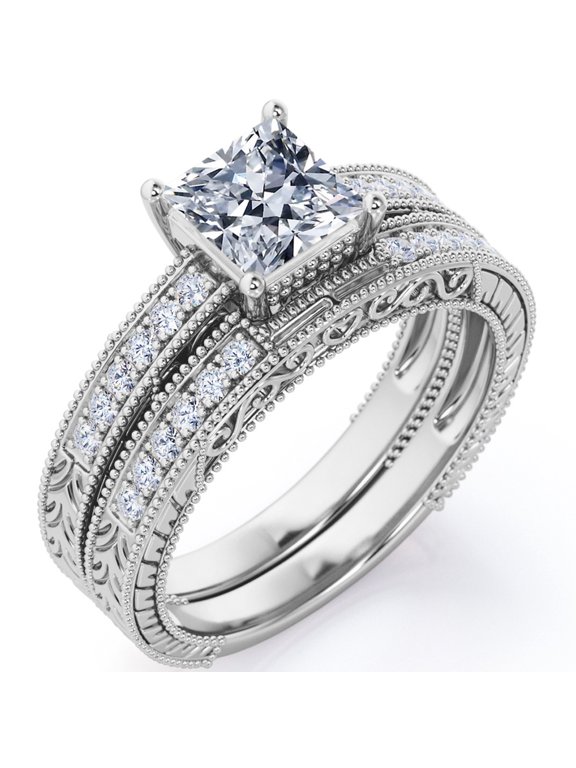 Milgrain Edge Design 1.75 Carat Princess Cut Moissanite 4-Prong Pave Edwardian Bridal Set in 18K White Gold Plating over Silver