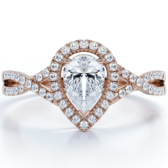 JeenMata Milgrain Halo 1.75 Carat Pear Cut Moissanite Infinity Twisted Shank Pave Engagement Ring In 18K Rose Gold Plating for Women