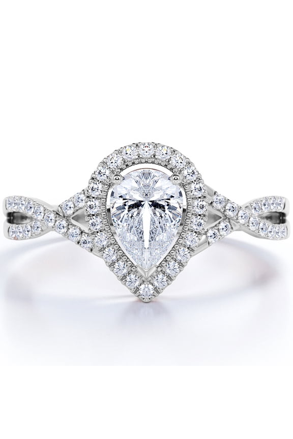 Milgrain Halo 1.75 Carat Pear Cut Moissanite Infinity Twisted Shank Pave Engagement Ring In 18K White Gold Plating for Women