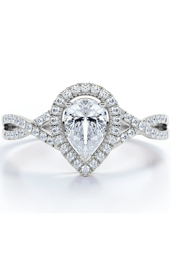 Milgrain Halo 1.75 Carat Pear Cut Moissanite Infinity Twisted Shank Pave Engagement Ring In 18K White Gold Plating for Women