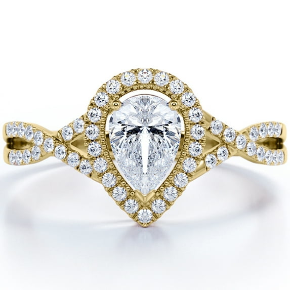 JeenMata Milgrain Halo 1.75 Carat Pear Cut Moissanite Infinity Twisted Shank Pave Engagement Ring In 18K Yellow Gold Plating for Women